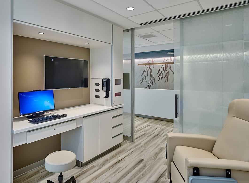 Archetype Glass' custom glass wall partitions and glass doors at the Asplundh Cancer Pavilion