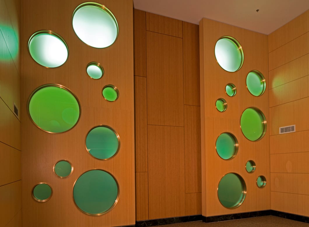 Unique art glass inserts in the Mary Switzer Building, designed by Archetype Glass