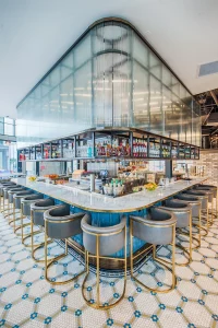 A wide view of Archetype Glass' custom textured glass in the Officina Cafe bar; photo credit to Eater D.C.