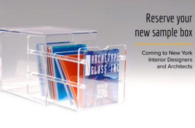 A banner of the new materials library sample box for New York interior designers and New York architects, featuring Archetype Glass' custom laminated glass