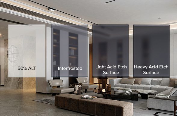 A simulated interior scene demonstrating the transparency and diffusion of the Q1 2023 Quarterly Subscription Program samples from Archetype Glass