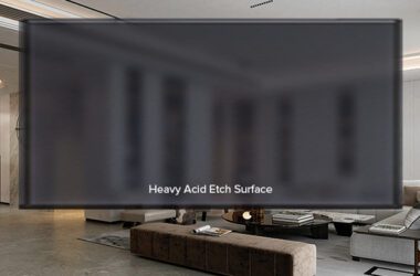 A banner of a rendering of the heavy acid surface etched custom laminated glass by Archetype Glass, part of the 2023 First Quarter Collection.