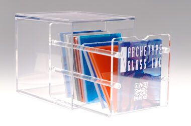 Image of the Archetype Glass materials library sample box, featuring custom laminated glass