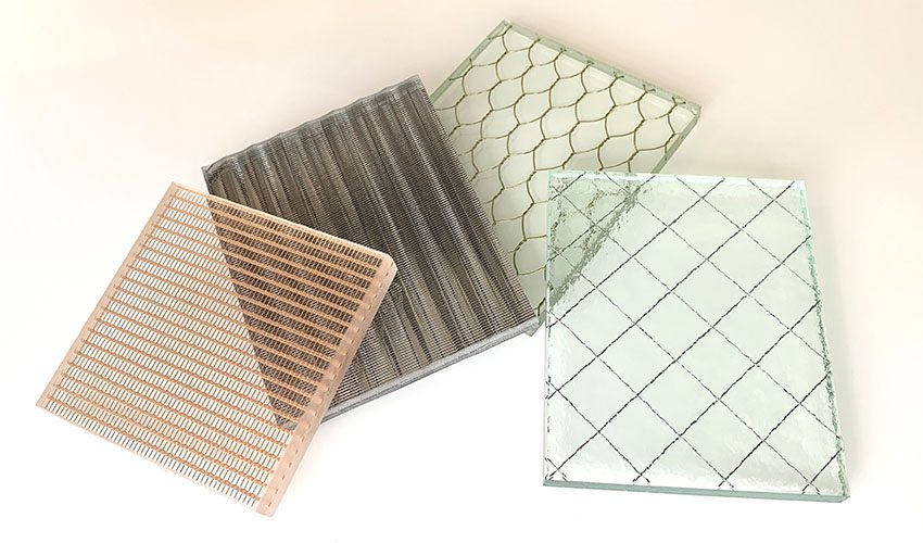 A mosaic of custom laminated wire mesh glass, part of the Archetype Glass Quarterly Subscription Program's Q3 2023 Collection