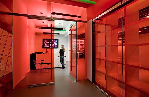 An example of the custom laminated color glass crafted by Archetype Glass in the former campus of the New York School of Interior Design