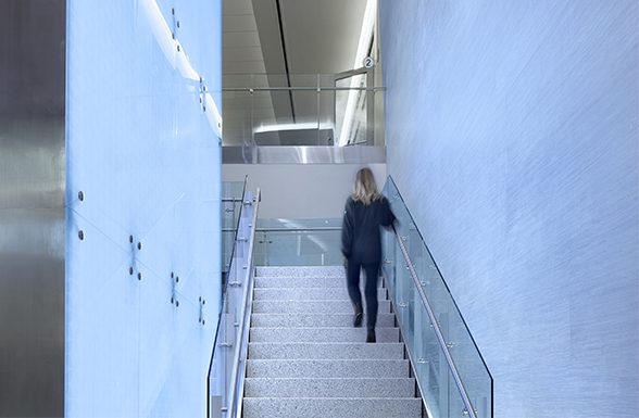 The frosted glass and graphic glass light box installed at the UF Shands Hospital, crafted by custom laminated glass manufacturer Archetype Glass